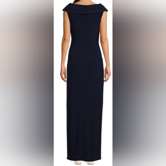 NWT Lauren Ralph Lauren Navy Portrait Collar Cap Sleeve Crepe Sheath Gown - Picture 2 of 6
